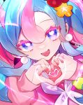  1girl artist_name aya_(aya_op10s) blue_eyes blue_hair choker collarbone colored_eyelashes commentary_request dot_nose earrings fairy_miku_(project_voltage) fingernails flower glint hair_between_eyes hair_flower hair_ornament hatsune_miku heart heart_choker heart_hands highres jewelry light_blue_hair long_hair long_sleeves looking_at_viewer multicolored_hair nail_polish neckerchief open_mouth pink_eyes pink_hair pink_nails pokemon project_voltage red_flower scrunchie sleeves_past_wrists smile solo tongue twintails two-tone_eyes two-tone_hair vocaloid white_choker white_neckerchief wrist_scrunchie yellow_flower yellow_scrunchie 