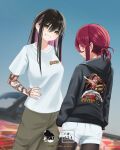  2girls 3d_background arm_tattoo artist_name black_pantyhose blurry blurry_background brown_eyes cloud colored_inner_hair english_commentary gmc_(automobile) gmc_sierra grey_hoodie grey_pants hair_behind_ear hand_on_own_hip haow head_tilt highres hololive hood hood_down hoodie houshou_marine houshou_marine_(1st_costume) mole mole_under_mouth motor_vehicle multicolored_hair multiple_girls original pants pantyhose parted_lips pickup_truck purple_hair red_hair shirt shizuku_inoue shorts sky smile streaked_hair t-shirt tattoo truck virtual_youtuber white_shirt white_shorts 