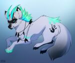  2022 artist_name blue_background canid canine claws digital_media_(artwork) feral fur gradient_background green_eyes hindpaw horn looking_at_viewer mammal paws quadruped shaded simple_background solo toe_claws vtza white_body white_fur 
