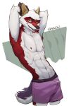  abs anthro athletic athletic_male bulge canid canine clothed clothing erection erection_under_clothing fox hands_behind_head hi_res male mammal orioz solo topless 