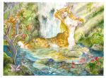  araivis-edelveys areola blue_eyes breasts chakat day detailed_background eyebrows eyelashes felid felid_taur female hi_res mammal mammal_taur nipples outside partially_submerged smile solo taur traditional_media_(artwork) waterfalls 