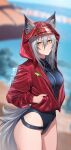  1girl absurdres animal_ear_fluff animal_ears arknights black_one-piece_swimsuit blurry blurry_background blush breasts cowboy_shot dated ears_through_headwear grey_hair groin hair_between_eyes hand_in_pocket highres hood hood_up hooded_jacket jacket long_sleeves looking_at_viewer medium_breasts official_alternate_costume one-piece_swimsuit open_clothes open_jacket outdoors projekt_red_(arknights) projekt_red_(light_breeze)_(arknights) red_jacket solo swimsuit tail thighs v-shaped_eyebrows wangqi wolf_ears wolf_girl wolf_tail yellow_eyes zipper 