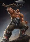  1boy 6suan abs axe bald bara battle_axe beard biceps bulge clenched_hand crotch_plate dark-skinned_male dark_skin facial_hair garrosh_hellscream highres holding holding_axe jewelry large_feet large_hands large_pectorals male_focus mature_male monster_boy muscular muscular_male navel navel_hair necklace nipples nose_piercing nose_ring orc pants pectorals piercing pointy_ears short_hair shouting sideburns skull solo stomach tattoo thick_arms thick_thighs thighs tooth_necklace topless_male tribal tribal_tattoo tusks veins veiny_arms warcraft weapon world_of_warcraft 