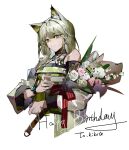  1girl absurdres animal_ear_fluff animal_ears arknights bare_shoulders bouquet breasts cat_ears cat_girl dress flower green_dress green_eyes green_hair happy_birthday highres holding holding_bouquet kal&#039;tsit_(arknights) long_sleeves looking_at_viewer medium_hair off-shoulder_dress off_shoulder official_alternate_costume oripathy_lesion_(arknights) pink_flower rkt43v6e1aatxka simple_background small_breasts smile solo stethoscope sticker watch white_background white_flower wristwatch 