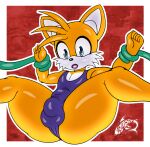  absurd_res anthro bound bulge butt canid canine clothing fox genital_outline girly hi_res male mammal miles_prower one-piece_swimsuit penis_outline renegade-157 sega sonic_the_hedgehog_(series) spread_legs spreading swimwear tentacles thick_thighs 