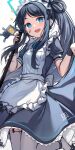  1girl :d absurdres aris_(blue_archive) aris_(maid)_(blue_archive) black_hair blue_archive blue_eyes borrowed_clothes commentary garter_straps halo highres long_hair looking_at_viewer luzzi_(milllim) maid maid_headdress official_alternate_costume ponytail revision short_sleeves simple_background smile solo thighhighs white_background white_thighhighs 