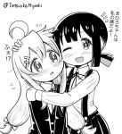  2girls ahoge artist_name braid collarbone commentary dot_nose flying_sweatdrops greyscale hair_ornament hozuki_momiji hug long_hair long_sleeves monochrome multiple_girls one_eye_closed onii-chan_wa_oshimai! oyama_mahiro ribbon school_uniform short_hair simple_background smile tatsuoka_miyoshi translation_request twin_braids upper_body yuri 