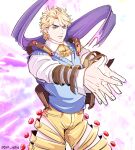  1boy adapted_costume blonde_hair blue_eyes blue_vest closed_mouth commentary_request dio_brando grm_jogio jojo_no_kimyou_na_bouken long_sleeves male_focus palms_together pants phantom_blood purple_scarf scarf shirt short_hair solo sweater_vest vest white_shirt yellow_pants 