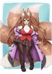  1girl absurdres animal_ear_fluff animal_ears blush boots border breasts brown_footwear brown_hair commission contrapposto green_eyes hair_between_eyes highres ichika_(ichika_manga) large_breasts long_hair long_sleeves looking_at_viewer multiple_tails no_nose off_shoulder open_clothes open_mouth original pantyhose pleated_skirt plushmallow simple_background skeb_commission skirt sleeves_past_wrists solo standing straight-on tail thick_thighs thighs twintails very_long_hair white_border 