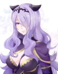  1girl armor black_tiara breasts camilla_(fire_emblem) fire_emblem fire_emblem_fates hair_over_one_eye large_breasts long_hair looking_at_viewer pamm purple_eyes purple_hair smile solo upper_body 