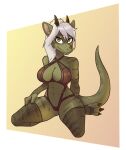  absurd_res anthro big_breasts breasts claws clothed clothing diana_digma dragon facial_horn female green_body green_scales hair hi_res horn looking_at_viewer med121 orange_eyes scales simple_background solo underwear 