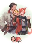  2boys adventurer_(ff14) animal_ears black_hair cat_boy cat_ears cat_tail final_fantasy final_fantasy_xiv g&#039;raha_tia highres hyur male_focus miqo&#039;te multiple_boys neck_tattoo open_mouth red_hair suncle tail tattoo warrior_of_light_(ff14) 