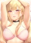  1girl armpits arms_on_head arms_up artist_name bangs black_choker blonde_hair blush bra breasts breasts_apart choker collarbone commentary earrings english_commentary eyelashes frilled_bra frills furrowed_brow gradient_hair hair_over_breasts highres jewelry kimoshi kitagawa_marin lips long_hair looking_at_viewer medium_breasts midriff mixed-language_commentary multicolored_hair open_mouth paid_reward_available piercing pink_bra red_eyes shiny_skin smile solo sono_bisque_doll_wa_koi_wo_suru stud_earrings swept_bangs teeth tongue tongue_out underwear upper_body upper_teeth_only variant_set 