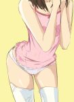 1girl back_peek bare_shoulders bent_over breasts brown_hair camisole ccherias cleavage collarbone commentary english_commentary head_out_of_frame leaning_forward medium_hair midriff_peek monogatari_(series) no_pants own_hands_together panties pink_camisole sengoku_nadeko simple_background sketch sleeveless small_breasts solo spaghetti_strap standing thigh_gap thighhighs underwear w_arms white_panties white_thighhighs yellow_background 