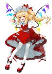  1girl blonde_hair bloomers blush crystal fang flandre_scarlet frilled_skirt frills full_body gotou_(nekocat) hat highres long_hair mob_cap one_side_up open_mouth pantyhose pointy_ears puffy_short_sleeves puffy_sleeves red_eyes red_footwear red_skirt red_vest shirt shoes short_sleeves simple_background skirt smile solo touhou vest watermark white_background white_bloomers white_headwear white_pantyhose white_shirt wings wrist_cuffs 