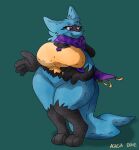  2021 acacia_dune animate_inanimate anthro big_breasts big_butt breasts butt button_(fastener) cleavage_storage female generation_4_pokemon hi_res huge_breasts huge_butt living_plushie long_tail lucario monoboob nintendo plushie pokemon pokemon_(species) scarf solo stuffette tail thick_thighs 