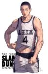  1boy black_hair black_male_underwear clothes_lift clothes_pull copyright_name highres leviejzn male_focus male_underwear male_underwear_peek sawakita_eiji short_hair shorts shorts_pull simple_background slam_dunk_(series) solo sweat sweatdrop tank_top underwear very_short_hair white_background white_shorts white_tank_top 