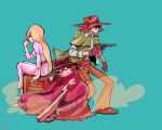  1970s_(style) 1girl 2boys blonde_hair brown_hair bullet_hole cane cloak commentary_request concealed_weapon cowboy_hat cowboy_western dust_cloud glasses gloves gun gun_frontier_(western) harlock hat hood hooded_cloak matsumoto_leiji_(style) mmkmk0220 multiple_boys multiple_scars official_style ooyama_toshiro retro_artstyle revolver scar scar_on_face shikomizue signature sitting sword sword_cane weapon wooden_box 