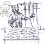  0laffson 5_fingers amputee anthro clothed clothing disability english_text fangs felid feline fingers fur greeting hi_res knife lynx male mammal melee_weapon monochrome open_mouth open_smile smile solo sword tail teeth text weapon 