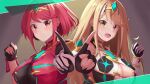  2girls absurdres bare_shoulders blonde_hair bob_cut breasts chest_jewel cleavage_cutout clothing_cutout drop_earrings earrings elbow_gloves fingerless_gloves gloves highres impossible_clothes index_finger_raised jewelry large_breasts long_hair multiple_girls mythra_(xenoblade) neon_trim pyra_(xenoblade) red_eyes red_hair shiratamaaji short_hair short_sleeves skindentation sleeveless swept_bangs tiara upper_body very_long_hair xenoblade_chronicles_(series) xenoblade_chronicles_2 yellow_eyes 