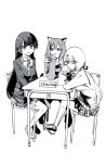  3girls :3 animal_ear_fluff animal_ears blazer bow bowtie braid cardigan cat_ears cat_girl closed_mouth collared_shirt commentary desk fish_hair_ornament french_braid full_body fumino_tamaki greyscale hair_ornament hairclip hand_on_own_cheek hand_on_own_chin hand_on_own_face hands_on_lap head_rest hime_cut hood hood_down hoodie jacket long_hair looking_at_another looking_at_viewer looking_to_the_side low_ponytail monochrome multiple_girls nijisanji on_chair open_clothes open_hoodie open_mouth plaid plaid_skirt pleated_skirt school_desk school_uniform shiina_yuika shirt shoes short_hair sign sign_around_neck sitting skirt sleeves_past_fingers sleeves_past_wrists smile t-shirt thighhighs tokomichi translated tsukino_mito uwabaki v_arms virtual_youtuber 