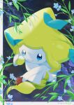  blue_eyes blue_flower border commentary_request flower highres holding jirachi leaf night no_humans open_mouth outdoors pokemon pokemon_(creature) sky smile tonbo_(tonbo63194) white_border 
