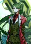  1girl black_necktie closed_mouth coat collared_shirt e.g.o_(project_moon) earrings employee_(lobotomy_corporation) green_hair green_pants green_vest high_ponytail jewelry lobotomy_corporation long_hair long_sleeves looking_at_viewer necktie netzach_(project_moon) nishikujic pants plant project_moon red_coat red_shirt shirt single_earring spoilers tassel tassel_earrings very_long_hair vest vines 