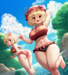  2girls :d aki_minoriko aki_shizuha arinu ass bikini blonde_hair blue_sky blush breasts cloud commentary_request food frilled_bikini frills fruit grapes hair_ornament hat highres large_breasts leaf_hair_ornament looking_at_viewer mob_cap multiple_girls open_mouth outdoors red_bikini red_eyes red_headwear siblings sisters sky smile swimsuit touhou wading 