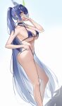  1girl absurdres ass azur_lane bikini bikini_pull blue_bikini blue_eyes blue_hair blush breasts clothes_pull commentary covering_mouth crossed_bangs dutch_angle feet_out_of_frame gradient_background highleg highleg_bikini highres large_breasts long_hair maanu new_jersey_(azur_lane) ponytail sidelocks solo standing swimsuit very_long_hair 