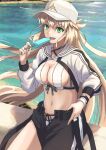  1girl artoria_caster_(fate) artoria_caster_(swimsuit)_(fate) artoria_pendragon_(fate) asymmetrical_clothes baseball_cap beach bikini black_pants blonde_hair breasts cleavage cropped_jacket fate/grand_order fate_(series) food green_eyes hat highres jacket ksfactory long_hair long_sleeves looking_at_viewer medium_breasts navel open_mouth pants popsicle shrug_(clothing) single_pantsleg smile solo swimsuit thighs twintails white_bikini white_headwear white_jacket 