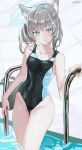  1girl :o absurdres animal_ear_fluff animal_ears bare_arms bare_shoulders black_one-piece_swimsuit blue_archive blue_eyes blush collarbone commentary_request covered_navel grey_hair groin hair_ornament halo hand_up haruri highres looking_at_viewer one-piece_swimsuit parted_lips shiroko_(blue_archive) shiroko_(swimsuit)_(blue_archive) signature solo standing swimsuit water 