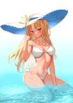  1girl absurdres bikini blonde_hair blue_background blush breasts cleavage dark-skinned_female dark_skin elf gradient_background hat highres hololive kneeling large_breasts long_hair looking_at_viewer navel o-ring o-ring_bottom o29sukizero orange_eyes parted_lips partially_submerged pointy_ears shiranui_flare smile solo stomach sun_hat swimsuit very_long_hair virtual_youtuber water white_background white_bikini white_headwear 