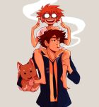  1girl androgynous child cigarette cowboy_bebop dog edward_wong_hau_pepelu_tivrusky_iv ein_(cowboy_bebop) messy_hair necktie open_mouth orange_hair princecanary shirt simple_background smoking spike_spiegel spiked_hair teeth upper_teeth_only welsh_corgi yellow_shirt 