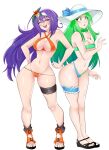  2girls absurdres alternate_costume armpit_crease bikini blue_bikini breasts cleavage commentary fire_emblem fire_emblem:_path_of_radiance fire_emblem:_radiant_dawn green_bikini green_eyes green_hair hat highres kyhsoren large_breasts legs_apart legs_together long_hair mia_(fire_emblem) mia_(summer)_(fire_emblem) multiple_girls navel nephenee_(fire_emblem) orange_bikini purple_hair revealing_clothes sandals simple_background smile standing sun_hat surprised swimsuit teeth thigh_strap thong thong_bikini two-tone_bikini underboob upper_teeth_only white_background 