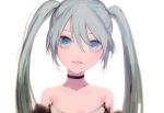 1girl 9ibem black_choker blue_eyes blue_hair bright_pupils choker commentary costume_request hair_between_eyes hatsune_miku long_hair looking_at_viewer parted_lips sleeveless solo strapless twintails vocaloid white_background 