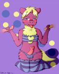  anthro blonde_hair clothed clothing crossdressing dessert doughnut fluffy_pony food fur girly group hair horn legwear male male/male polka_dots purple_body purple_fur simple_background stockings trio unknown_artist 