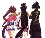  3girls animal_ears asymmetrical_gloves black_gloves black_hair black_jacket blue_jacket blue_skirt bow brown_hair cape commentary_request ear_covers epaulettes fingerless_gloves from_behind gloves hand_on_own_hip horse_ears horse_girl horse_tail jacket jagaimobeniko katsuragi_ace_(umamusume) long_hair long_sleeves medium_hair mismatched_gloves multicolored_clothes multicolored_jacket multicolored_skirt multiple_girls narita_brian_(umamusume) pink_bow pink_gloves ponytail red_cape shoulder_cape simple_background single_epaulette single_thighhigh skirt tail tail_through_clothes thighhighs tokai_teio_(umamusume) two-tone_skirt umamusume very_long_hair white_background white_gloves white_jacket white_skirt 