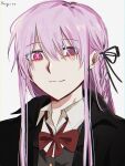  1girl alternate_costume artist_name axy_cang black_jacket black_ribbon bow bowtie braid brown_vest closed_mouth collared_shirt danganronpa:_trigger_happy_havoc danganronpa_(series) hair_ribbon highres jacket kirigiri_kyoko long_hair open_clothes open_jacket pink_eyes pink_hair red_bow red_bowtie ribbon shirt side_braid simple_background smile solo vest white_background white_shirt 