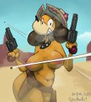  anthro areola big_breasts black_eyes breasts brown_body brown_fur bullet canid canine canis clothing collar convenient_censorship crossgender desert domestic_dog duck_hunt duck_hunt_dog eyelashes female floppy_ears flower_accessory fur gun gun_holster hat headgear headwear hi_res holding_gun holding_object holding_weapon holster huntress_(lewdewott) lop_ears mammal navel nintendo nude orange_body orange_fur pink_areola ranged_weapon smile solo studded_collar tan_body tan_fur terrehaute thick_thighs weapon wide_hips 