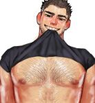  1boy absurdres bara beard_stubble black_hair blush chest_hair clothes_in_mouth ear_blush head_tilt highres large_pectorals looking_at_viewer lucas_lee male_focus mouth_hold muscular muscular_male nipples oko_(07oko) pectoral_focus pectorals scott_pilgrim_takes_off seductive_smile shiny_skin shirt shirt_in_mouth short_hair short_sleeves smile solo sweat t-shirt thick_eyebrows tight_clothes tight_shirt upper_body very_sweaty 