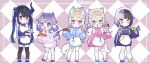  5girls :&lt; :d :o absurdres alternate_costume alternate_hairstyle animal_ear_fluff animal_ears apron argyle argyle_background asymmetrical_footwear asymmetrical_hair asymmetrical_horns back_bow bandaid bandaid_hair_ornament bandaid_on_leg belt black_hair black_jacket blonde_hair blue_eyes blue_footwear blue_hair blue_jacket blunt_bangs blush border bow bread carton chest_belt chibi chiyomaru_(yumichiyo0606) closed_mouth colored_inner_animal_ears colored_inner_hair crown demon_horns dog_ears dog_girl double_bun drinking_straw food frilled_apron frills full_body fuwawa_abyssgard gem_hair_ornament gradient_hair grey_hair hair_between_eyes hair_bow hair_bun hair_ornament hairclip high_collar highres holding holding_plate holding_tray holoadvent hololive hololive_english horns jacket jersey_maid jewel_under_eye koseki_bijou long_hair long_sleeves looking_at_viewer loose_socks low_twintails maid maid_headdress melon_bread milk milk_carton mismatched_footwear mococo_abyssgard mole mole_under_eye multicolored_hair multiple_girls nerissa_ravencroft omelet omurice open_mouth orange_eyes outside_border parfait pink_eyes pink_footwear pink_hair pink_jacket plate ponytail purple_background purple_eyes purple_hair red_eyes red_footwear shiori_novella shoes siblings sidelocks sisters sleeves_past_fingers sleeves_past_wrists smile socks split-color_hair standing tail teeth thigh_belt thigh_strap thighhighs tiara track_jacket tray turtleneck turtleneck_jacket twins twintails two-tone_hair two_side_up unconventional_maid uneven_horns upper_teeth_only very_long_hair virtual_youtuber waist_apron white_apron white_belt white_border white_bow white_socks x_hair_ornament yellow_footwear zipper_pull_tab 