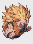  1boy blonde_hair blue_eyes dragon_ball dragon_ball_z grey_background kemachiku long_hair male_focus muscular muscular_male no_eyebrows open_mouth simple_background solo son_goku super_saiyan super_saiyan_3 upper_body 