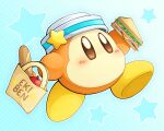  apple bag baguette blue_background bread food fruit gradient_background hat highres holding holding_food kirby_(series) no_humans polka_dot polka_dot_background sandwich shopping_bag slys_(jesterdysphoria) solid_oval_eyes solo star_(symbol) waddle_dee 