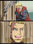  2boys aqua_eyes blonde_hair blue_eyes character_name coat crying door here&#039;s_johnny!_(meme) highres meme millions_knives mole mole_under_eye multiple_boys prosthesis prosthetic_arm red_coat stepherscorner the_shining trigun trigun_stampede vash_the_stampede 