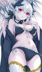  1girl bare_shoulders bikini black_bikini blush breasts dragon_girl dragon_horns fate/grand_order fate_(series) hair_ornament highres horns kiyohime_(fate) large_breasts long_hair long_sleeves looking_at_viewer morizono_shiki parted_lips red_eyes side-tie_bikini_bottom smile solo swimsuit thighhighs thighs white_hair white_thighhighs wide_sleeves 