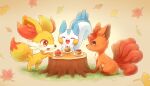  absurdres autumn_leaves brown_eyes cake closed_eyes closed_mouth falling_leaves fennekin food fruit ginkgo_leaf highres leaf looking_at_another maple_leaf on_grass open_mouth pachirisu pokemon red_eyes shii_(no-va_could) smile standing sweets tree_stump vulpix 
