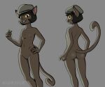  angryfur anthro butt clothing domestic_cat felid feline felis female headgear headwear hi_res ivy_pepper lackadaisy looking_at_viewer looking_back mammal nude simple_background smile solo standing tail webcomic yellow_eyes 