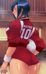  1girl ass ayuhara_natsu ball bandaged_fingers bandages blue_hair blurry blush breasts buruma commentary_request cowboy_shot depth_of_field em_(totsuzen_no_hakike) gym holding holding_ball indoors jacket jersey justice_gakuen light_particles looking_back red_buruma shiritsu_justice_gakuen short_hair solo sportswear sweat volleyball volleyball_(object) volleyball_uniform wristband 