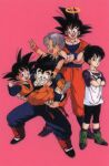  1990s_(style) 1girl 4boys black_eyes black_hair blue_eyes boots brothers carrying clenched_hand crossed_arms dougi dragon_ball dragon_ball_z father_and_son grin halo legs_apart looking_at_viewer multiple_boys non-web_source open_mouth piggyback pink_background princess_carry purple_hair retro_artstyle saiyan shirt siblings simple_background smile son_gohan son_goku son_goten spiked_hair standing tank_top teeth trunks_(dragon_ball) upper_teeth_only v videl white_shirt wristband 