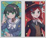  2girls :o bell black_headwear black_jacket black_shirt blue_shirt bow bowtie brown_vest chabashira_tenko choker collared_shirt danganronpa_(series) danganronpa_v3:_killing_harmony dress_shirt gem_hair_ornament green_eyes green_hair grey_shirt hairband hand_up hat highres index_finger_raised jacket long_hair looking_up multiple_girls neck_bell open_clothes open_jacket pink_hairband red_hair sailor_collar shirt short_hair smile star_(symbol) uta_(utamilk) vest white_bow white_bowtie white_sailor_collar witch_hat yumeno_himiko 